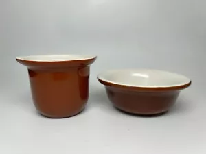 Vintage HALL CHINA "BROWN" BROWN / WHITE PUDDING BOWL & SMALL CROCK - Picture 1 of 5