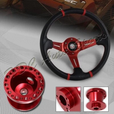 For 95-06 Hyundai Accent 350MM Red/Carbon PVC Steering Wheel+Red Aluminum Hub - Image 1 of 4