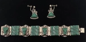VTG MEXICO Green Onyx STERLING SILVER Mayan Mask BRACELET and EARRING SET - Picture 1 of 10