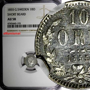 Sweden Oscar I (1844-1859) Silver 1855 G 10 Ore NGC AU58 Short Beard KM# 683 (3) - Picture 1 of 4