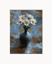 Brown Blue Rustic Home Decor Flowers in Vase Farmhouse Matted Wall Art Handmade