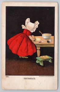 Sunbonnet Girl Rolling Dough Baking Day Bernhardt Wall Thursday Postcard c. 1905 - Picture 1 of 5