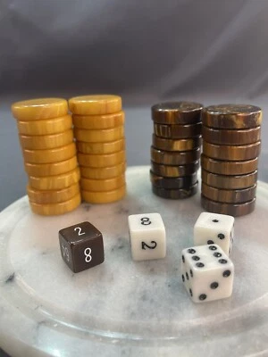 VTG Bakelite Backgammon Chocolate/Butterscotch Marbled 30 Checkers 4 Dice/ inc. - Image 1 of 4