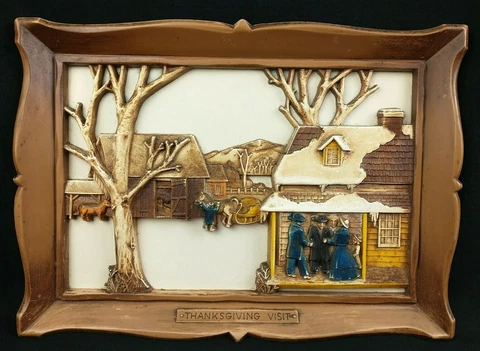 Vintage Syroco Thanksgiving Visit 3-D Wall Hanging Scene Pilgrim Farm Barn Cover