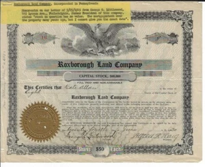 PENNSYLVANIA 1930 Roxborough Land Company Stock Certificate #16 - Imagen 1 de 2