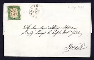 ITALY SARDINIA 1863 SCOTT #10a 5c IMPERF YELLOW GREEN TIED ON LOCAL COVER - Picture 1 of 3