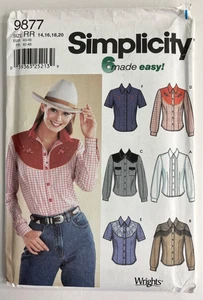 9877 Simplicity Sewing Pattern Misses Western Top Shirt Uncut 14-20 Vintage 2001 - Picture 1 of 3