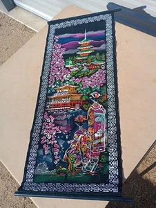 Vtg Japanese Velvet Wall Hanging Scroll Cherry Blossoms Lake Crane Kimono Fuji - Picture 1 of 7