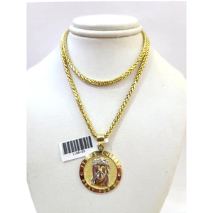 Real 10k Yellow Gold Palm Chain Jesus Christ Pendant Charm 3mm SET Necklace - Picture 1 of 8