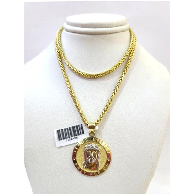 Real 10k Yellow Gold Palm Chain Jesus Christ Pendant Charm 3mm SET Necklace - Image 1 of 4