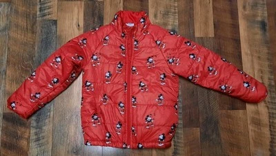 Disney Mickey Mouse Puffer Jacket Youth 5/6 Red Full Zip All Over Print - Image 1 of 4