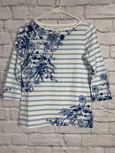 Talbots Damen blau weiß gestreift Blumen T-Shirt 3/4 Arm Größe Petite P - Bild 1 von 4