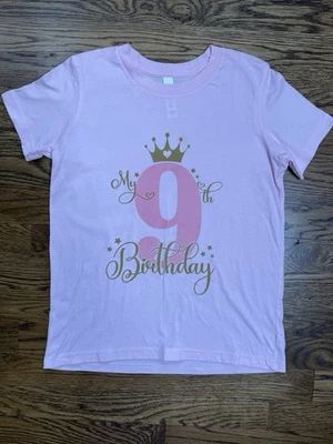 Bella + Canvas Kids Pink and Gold Short Sleeve 9th Birthday Design T-Shirt 10-12 - Image 1 of 4