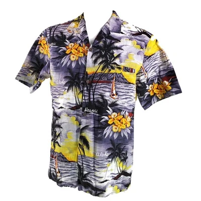 Camisa Hawaiana Royal Creations Grande Puesta de Sol Palmeras Barcos Olas Gris Amarillo Foto 1 de 4