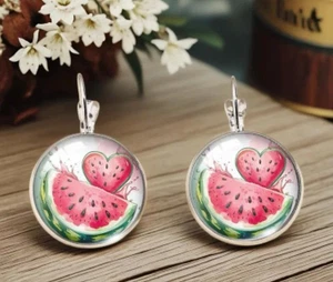 1 Paar verträumte Wassermelone Ohrhänger, Glaseinlage, Edelstahl Vintage Stil  - Bild 1 von 1