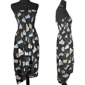 HARLEY DAVIDSON Vintage gesmoktes Kleid HiLow Neckholder schwarz Motorrad Print Gr. M - Bild 1 von 11