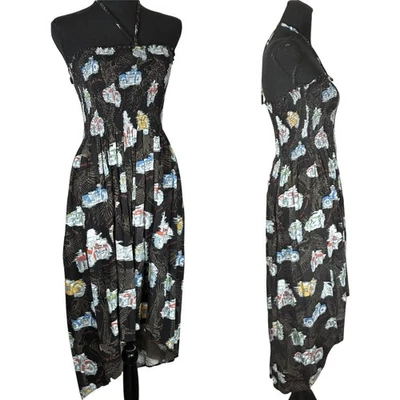 HARLEY DAVIDSON Vintage Smocked Dress HiLow Halter Black Motorcycle Print Size M - Image 1 of 4