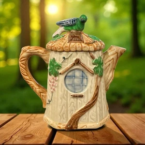 Vogel Baumhaus Keramik Teekanne 6" hoch Cottagecore Japan  - Bild 1 von 8