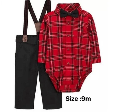 Carter's Niño Pequeño Niños Manga Larga Cuadros 3 Piezas Conjunto Vacaciones Pantalón con Tirantes, 9m Foto 1 de 4