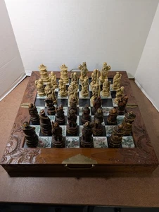 Vintage Chinese Hand Carved Soapstone Chess Set Folding Wooden Case Drawers - Picture 1 of 24