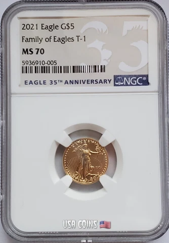 2021 $5 AMERICAN EAGLE Type 1 NGC MS70 1/10 Oz GOLD Coin Cover