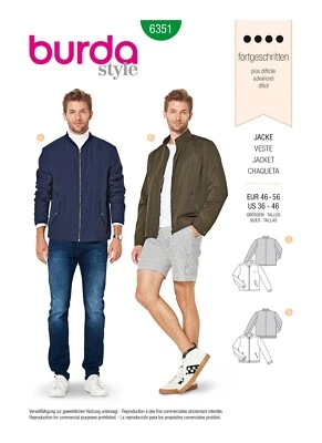 Burda 6351 Men Zip Front Bomber Style Jacket Sporty Jacket Sewing Pattern 36-46 - Image 1 of 4