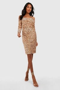 BNWT Boohoo Gold Velvet Sequin Sparkle Christmas Dress Size 16 - Picture 1 of 12