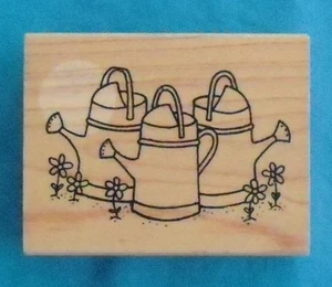 Great Impressions rubber stamp "THREE WATERING CANS" F359, 2¼" x 2¾" wood block - Picture 1 of 2