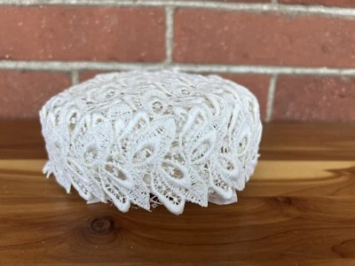 Vintage Lace and Mesh Pillbox Hat - Facinator Elegant White Floral Design - Image 1 of 4