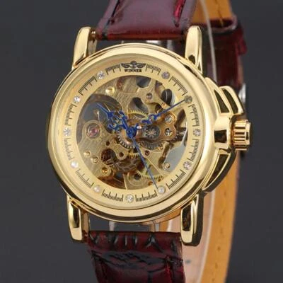 Luxury Women Brown Leather Gold Skeleton Automatic Mechanical Womens Dress Watch - Image 1 of 4