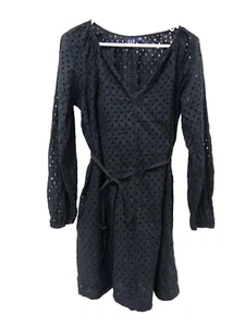 Gap Womens Dress XS Black Long Sleeve Belted Eyelet V-Neck Tie Waist Cotton Su22 - Picture 1 of 8
