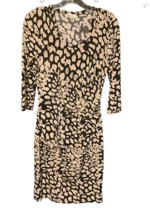 Calvin Klein Dress Black Beige Size 4 Animal Print 3/4 Sleeve Stretch Ruching - Picture 1 of 10