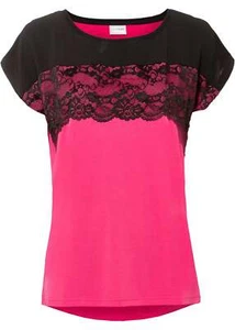 Shirt mit Spitze Gr. 40/42 Schwarz Dunkelpink Damen Kurzarmshirt Bluse Neu - Bild 1 von 1