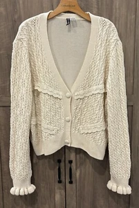 H&M XXL Sweater Cream Textured-Knit Cardigan Cottage Core - Picture 1 of 13