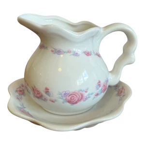 Vintage Retro Rosa Rosen Blumenmuster Milchkännchen / Milchkännchen & Schüssel Set 8 x 12 cm - Bild 1 von 8