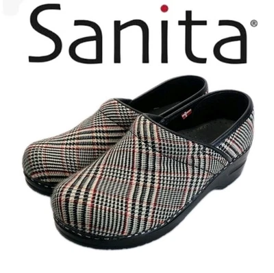 Sanita Professional Leather Dutch Clogs with Plaid Textile Top. Size 37/6.5 - Image 1 of 4