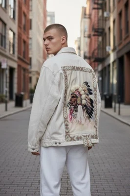 Chaqueta Denim Única Reciclada XXXL Beige Ralph Lauren Indian Chief Head Estilo Años 90 Foto 1 de 4