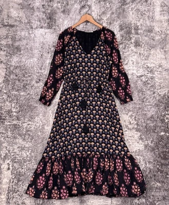 Roller Rabbit Maxi Dress Small Womens Black Cotton Woven Tassel Floral - Image 1 of 4