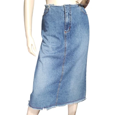 Falda vaquera vintage Y2K azul asfalto envejecida borde crudo flecos cintura dobladillo talla 13 Foto 1 de 4