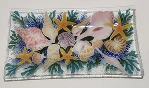 Peggy Karr 14" Seashells Rectangle Platter Tray Fused Art glass 2003 signed - Picture 1 of 13