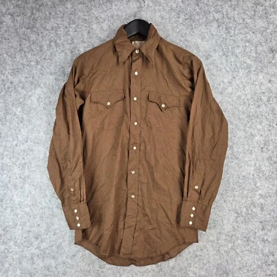 Vintage H Bar C Shirt Mens Small Brown Pearl Snap Long Sleeve Long Tail 10992 - Image 1 of 4