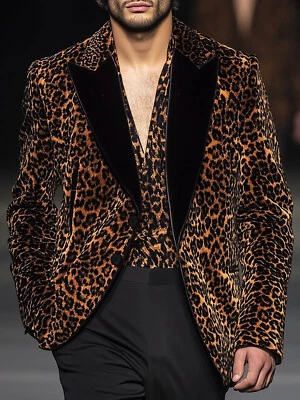 天鹅绒男式豹纹西装外套标准版型峰翻领正式派对休闲外套 — 第 1/4 张图片