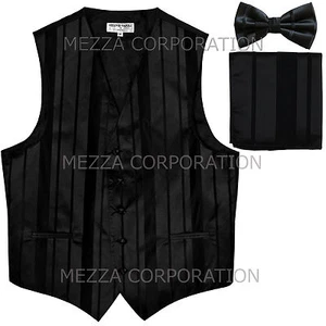 Neu Herren Smoking Weste Weste Streifen Fliege Taschentuch Set formell Party schwarz - Bild 1 von 4