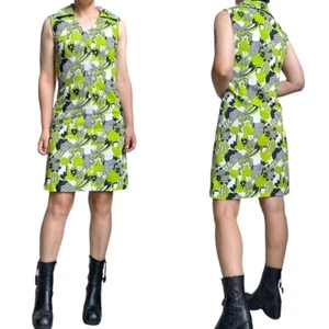 70s Vintage Psychedelic Daisy Print Dress Sleeveless Pointed Collar Kneelength - Picture 1 of 13