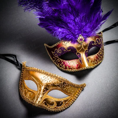 Venetian Classic Eye Mask w/ Glitter & Gold MardiGras Purple Feather Couple Mask - Image 1 of 2