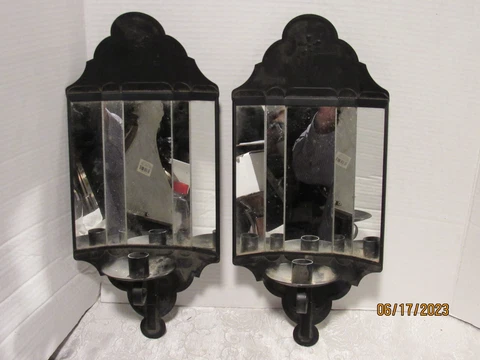 VINTAGE Pair mirror back tin wall sconces - HOMCO? -  16 3/4" Cover