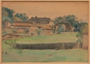 Helmut Bernhardt paisaje agrícola granja prado acuarela firmada alemana 1934 - Imagen 1 de 3