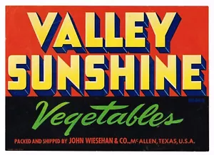 ETICHETTA CASSA ORIGINALE VINTAGE RARA ANNI 50 TEXAS VEGETAL VALLEY SUNSHINE MCALLEN - Foto 1 di 1