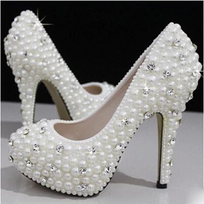 Pearls Crystal Wedding shoes Bridal bridesmaids high heel pump wedge platform  - Image 1 of 3