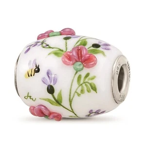 Reflection Beads Sterling Silver White Hand Painted Floral Bee Fenton Glass Bead - Picture 1 of 4